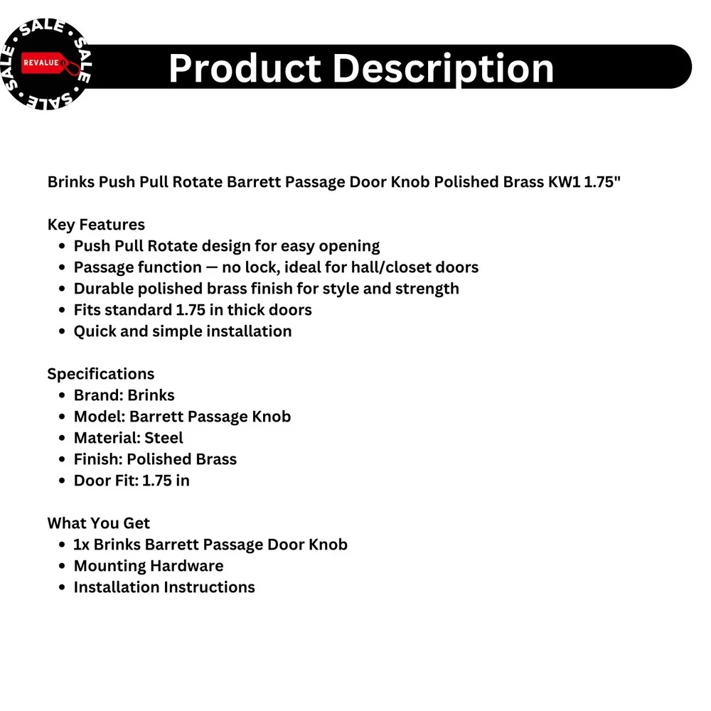 Brinks Push Pull Rotate Barrett Passage‎ Door Knob Polished Brass KW1 1.75
